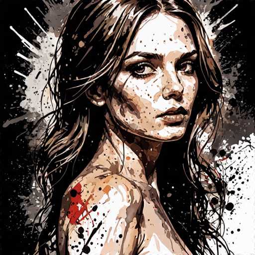 The image depicts a woman with long brown hair and dark skin tones. She is wearing minimal makeup and has splatters of red paint on her arm and face. The background features a black and white color scheme with splashes of red and white paint.