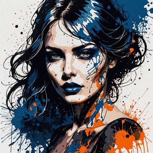 The image depicts a woman with long dark hair and blue eyes wearing a black dress against a white background speckled with splatters of paint. The painting style is realistic, capturing the subject's features in detail.
