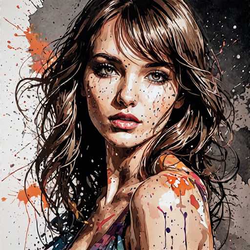 The image depicts a woman with long brown hair and green eyes wearing an orange dress against a black background speckled with splatters of paint. The painting style is realistic, capturing the intricate details of the subject's features and clothing.