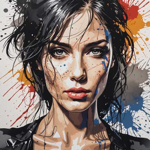 The image depicts a woman with long dark hair and makeup splattered across her face. The background is white with splatters of red, blue, and orange paint. The artist's signature "sa_1896" can be seen in the bottom right corner.