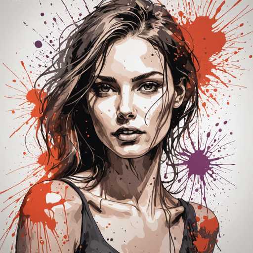 The image depicts a woman with long brown hair and dark eyes looking directly at the camera. The background is filled with splatters of red and orange paint, creating an abstract and vibrant atmosphere around her.