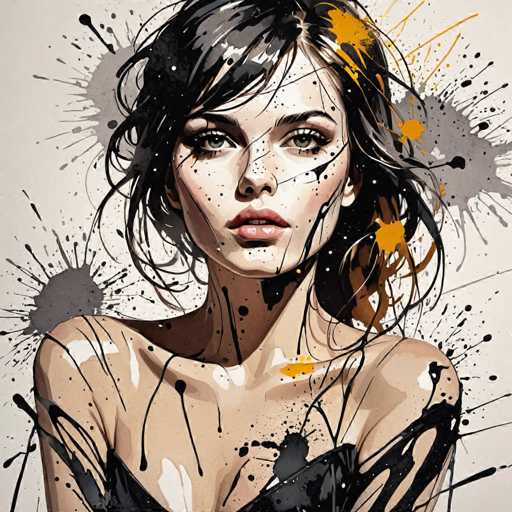 The image depicts a woman with black hair and makeup, wearing a black dress against a white background speckled with splatters of paint. The splatters vary in size and shape, adding an abstract element to the composition.