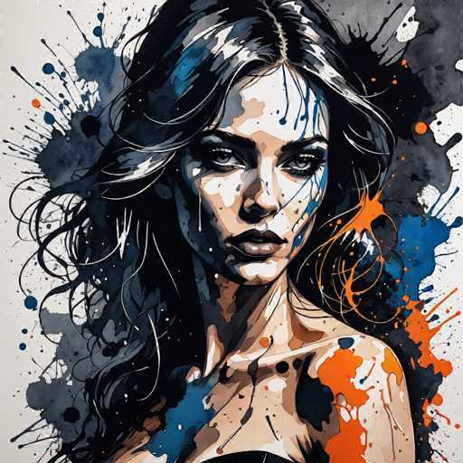The image depicts an abstract portrait of a woman with long dark hair and striking blue eyes. The painting is done in a realistic style, capturing the intricate details of the subject's face and features. The background is a chaotic mix of splatters in various colors including orange, black, and white, creating a sense of depth and dimension to the piece.