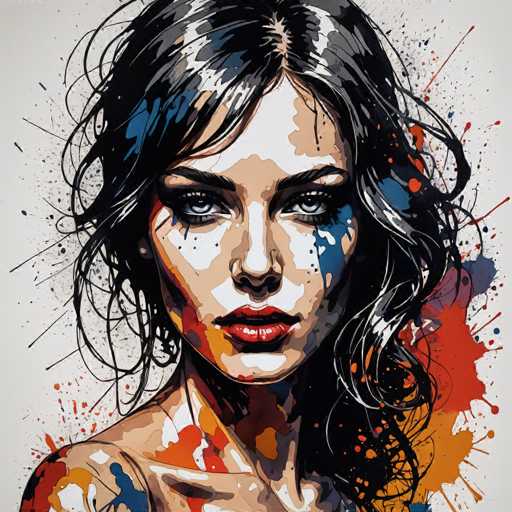 The image depicts a woman with long dark hair and striking blue eyes. She is wearing red lipstick and has her hair styled in loose waves. The background features splatters of paint in various colors, including orange, yellow, green, and black.