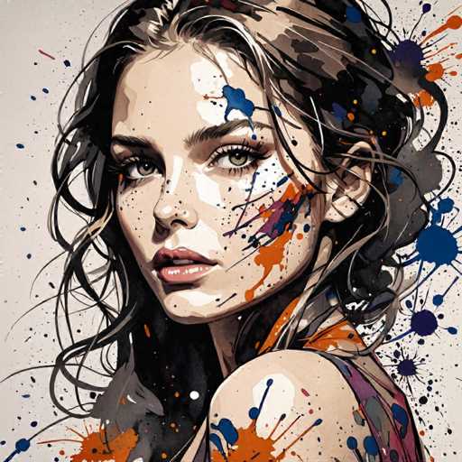 The image depicts a woman with long dark hair and makeup splattered across her face. The background is white, which contrasts with the colorful splatters on her face. The artist's style can be described as realistic, capturing the details of the woman's features and the surrounding environment.