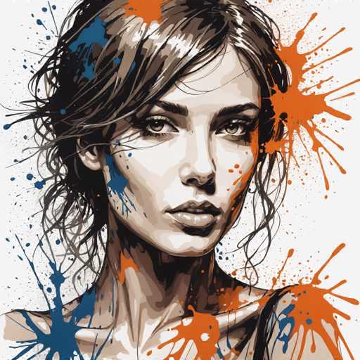 The image depicts an illustration of a woman's face with splatters of blue and orange paint surrounding her. The woman is the central figure, positioned against a white background that highlights her features. Her hair is styled in a messy bun, adding to the overall artistic style of the piece.