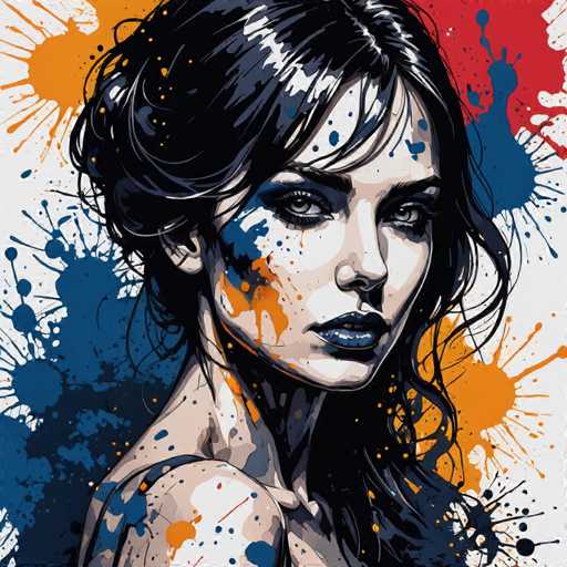 The image depicts a woman with long dark hair and makeup splattered across her face, creating an abstract expressionist style. The background is a white canvas adorned with splatters of blue, red, and yellow paint, adding to the overall chaotic yet intriguing composition.