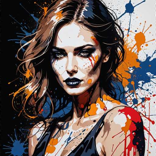 The image depicts a woman with long brown hair and dark makeup on her face, wearing a black dress. The background is splattered with orange and blue paint, creating an abstract art style that contrasts the woman's figure.