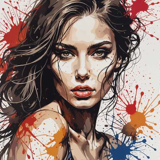 The image depicts a woman with long brown hair and dark eyes looking directly at the camera. The background is filled with splatters of red, blue, and orange paint, creating an abstract and colorful backdrop for the portrait.