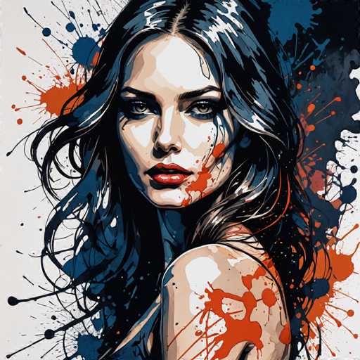 The image depicts a woman with long dark hair and red lipstick against an abstract background of orange and blue splatters. The painting style is realistic, capturing the subject's features and expression with precision.