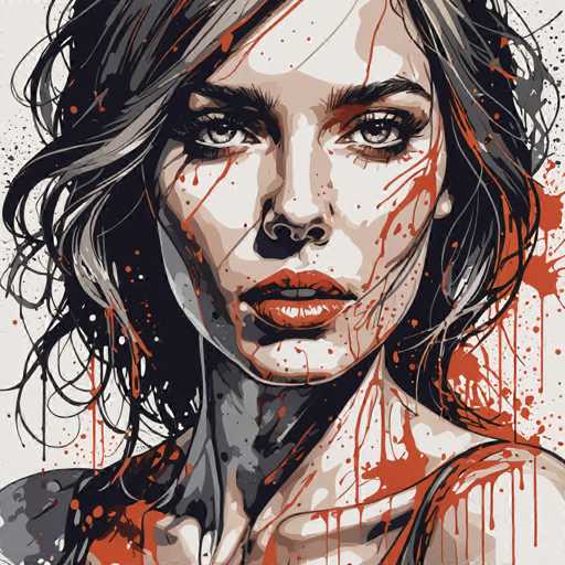 The image depicts an illustration of a woman's face with red and black splatters on her hair and clothing. The artist has used a watercolor style for the painting, which gives it a soft and dreamy appearance. The woman is shown from the shoulders up, looking directly at the viewer.