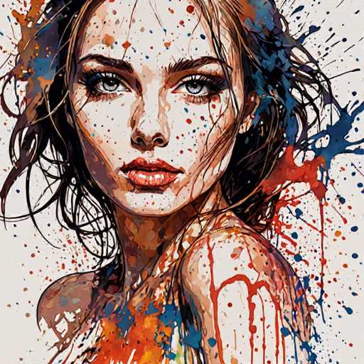 The image depicts an abstract portrait of a woman with long hair and dark skin tones. The painting is done in a watercolor style, which gives it a soft and dreamy appearance. The colors used are predominantly blue, red, and orange, creating a vibrant and energetic atmosphere. The artist has used splatter paint to create the background, adding an element of randomness and unpredictability to the piece.