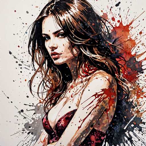 The image depicts a woman with long brown hair wearing a red dress and splatter paint on her right arm. The background is white, which contrasts with the dark splatter paint on her arm.