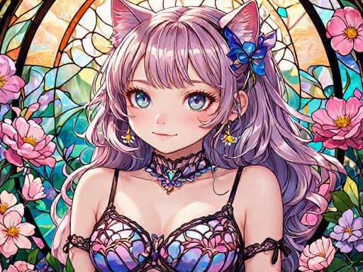 The image depicts a young girl with long hair and blue eyes wearing a purple braided dress adorned with flowers. She is positioned against the backdrop of a stained glass window, which features pink and green hues and intricate designs. The girl's gaze is directed towards the viewer, creating an engaging visual narrative that invites the observer to explore her world further.
