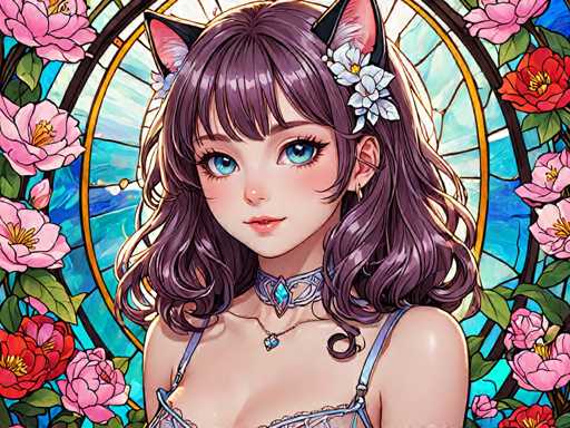 The image depicts a woman with long brown hair and blue eyes wearing a white flower in her hair. She is standing against a backdrop of pink flowers and a stained glass window featuring a cat design. The colors used are predominantly pink, purple, and green.