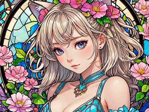 The image depicts a woman with blonde hair and blue eyes wearing a blue dress adorned with pink flowers. The background features a stained glass window with pink and purple hues, adding to the overall aesthetic of the scene.