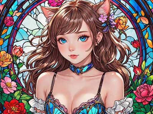 The image depicts a woman with long brown hair and blue eyes wearing a blue dress adorned with white lace sleeves and a gold collar. She is positioned against a backdrop of a stained glass window featuring pink roses and other flowers in various colors. The woman's gaze is directed towards the viewer, creating an engaging visual narrative that invites the observer to explore her story further.