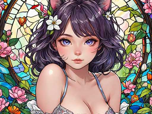 The image depicts a woman with long dark hair wearing a white bra and a blue tank top. She is looking directly at the camera with an expression of surprise or curiosity. The background features a floral design in shades of pink and green, which complements the woman's attire.