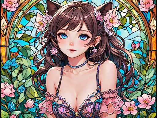 The image depicts a beautiful girl with long brown hair and blue eyes wearing a pink dress adorned with flowers. She is looking directly at the camera with an air of confidence. The background features a stained glass window filled with pink flowers, adding to the overall charm of the scene.