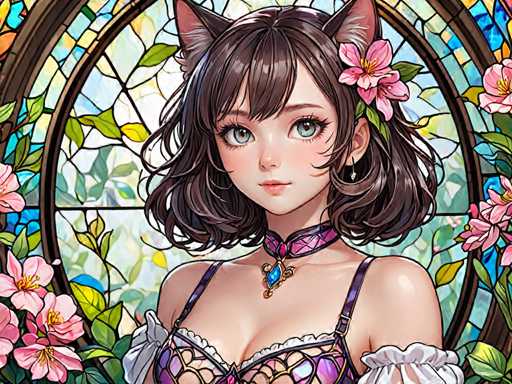 The image depicts a woman with long brown hair and a flower in her hair wearing a purple dress adorned with white lace sleeves. She is standing against a backdrop of stained glass windows filled with pink flowers. The woman's gaze is directed towards the viewer, creating an engaging visual narrative.