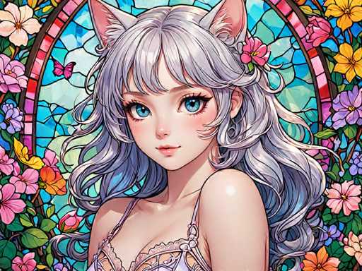 The image depicts a woman with long, wavy hair wearing a white bra and panties. She is positioned against a vibrant stained glass window that features pink, purple, yellow, and green flowers. The background of the image is blurred, drawing focus to the woman in the foreground.