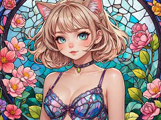 The image depicts a woman with blonde hair and blue eyes wearing a purple bra top and a necklace. She is standing against a backdrop of pink flowers and green leaves, which suggests an outdoor setting or garden. The style of the illustration appears to be cartoon-like, characterized by its use of vibrant colors and detailed character design.