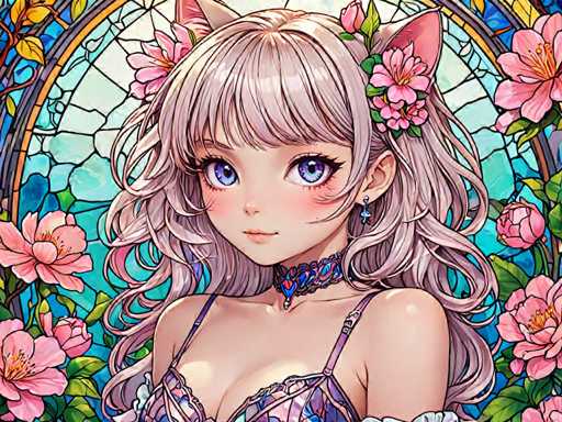 The image depicts a young girl with long blonde hair and blue eyes wearing a purple braided dress adorned with pink flowers. The background features a stained glass window filled with pink flowers, creating an ethereal atmosphere around the girl.