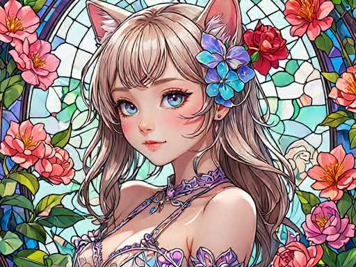 The image depicts a beautiful girl with long blonde hair and blue eyes wearing a purple dress adorned with flowers. She is standing against a backdrop of pink and red flowers, which adds to the overall charm of her appearance. The girl's gaze is directed towards the viewer, creating an engaging connection between the artist and the audience.