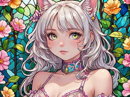 The image depicts a woman with long blonde hair and green eyes wearing a pink bra and a necklace. She is standing against a backdrop of flowers and leaves, suggesting an outdoor setting or garden. The colors in the image are predominantly pink, white, and green, creating a serene and tranquil atmosphere.