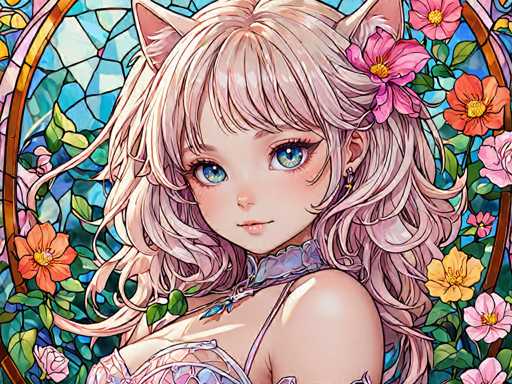 The image depicts a young girl with long blonde hair and blue eyes wearing a white dress adorned with pink flowers. The background features a stained glass window filled with vibrant colors of pink, orange, yellow, green, and purple flowers.