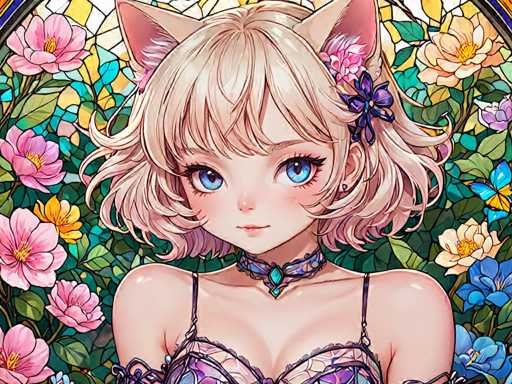 The image depicts a young girl with blonde hair and blue eyes wearing a purple braided dress adorned with flowers. She is standing against a backdrop of pink and yellow flowers, creating a vibrant and colorful scene. The girl's gaze is directed straight at the camera, giving her an air of confidence and poise.
