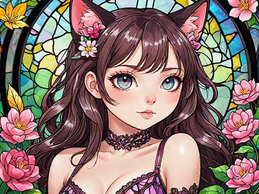 The image depicts a woman with long brown hair and dark eyes wearing a pink bra and panties. She is looking directly at the camera with an expression of surprise or curiosity. The background features a stained glass window filled with flowers in shades of pink and white, creating a vibrant and colorful scene that complements the woman's attire.