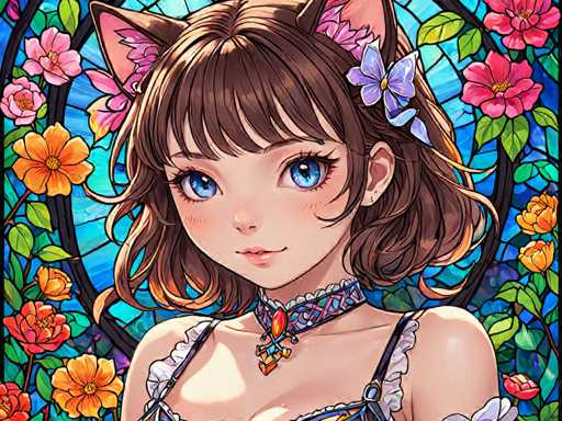 The image depicts a woman with brown hair and blue eyes wearing a white dress adorned with pink flowers. She is positioned against a backdrop of a stained glass window filled with vibrant colors and floral patterns. The woman's gaze is directed towards the viewer, creating an engaging visual narrative that invites the observer to look closer at her features and expressions.