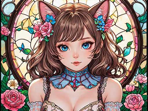 The image depicts a woman with long brown hair and blue eyes wearing a necklace and earrings. She is standing against a backdrop of a stained glass window featuring pink roses and green leaves. The woman's gaze is directed straight at the camera, creating an engaging visual connection between her and the viewer.