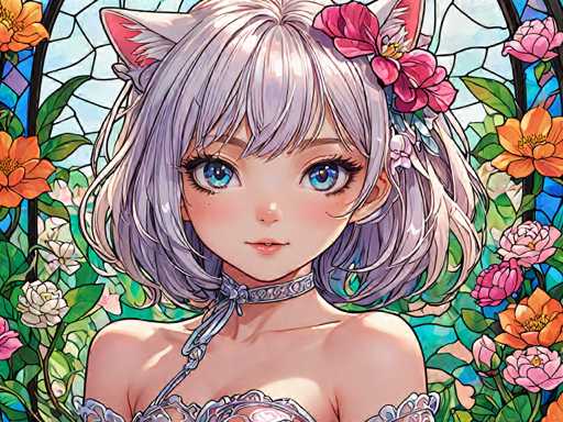 The image depicts a young girl with long hair and a flower in her hair wearing a white dress adorned with gold accents. The background features a stained glass window filled with flowers of various colors including pink, orange, yellow, and green.