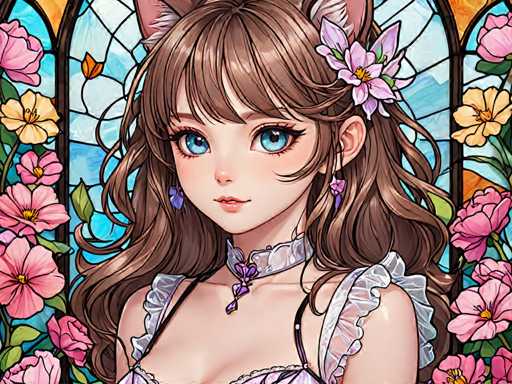 The image depicts a young girl with long brown hair wearing a white dress and a purple necklace. She is looking directly at the camera with a serious expression on her face. The background features a stained glass window filled with pink flowers, adding to the overall beauty of the scene.