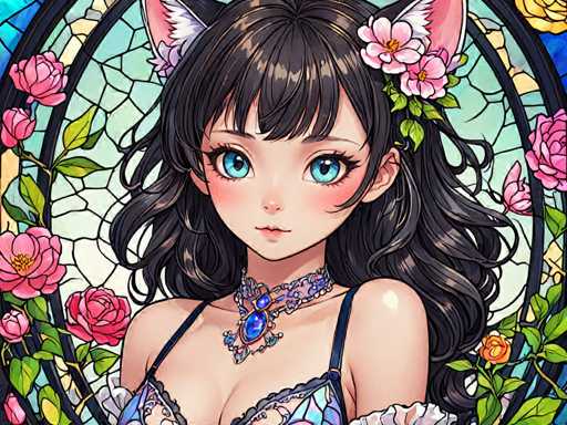 The image depicts a female character with long dark hair and blue eyes wearing a lacy bra and necklace. The background features a stained glass window with pink flowers and green leaves, creating an ethereal atmosphere around the girl's face.
