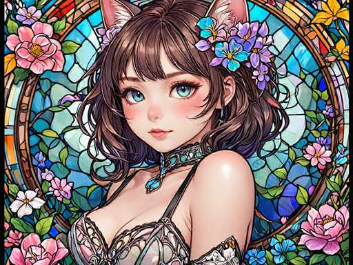 The image depicts a woman with long brown hair and blue eyes wearing a white dress adorned with pink flowers. She is positioned against a backdrop of a stained glass window filled with vibrant colors and intricate designs. The woman's gaze is directed towards the viewer, creating an engaging visual narrative that invites the observer to explore her story further.