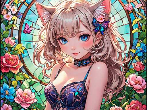 The image depicts a young girl with blonde hair and blue eyes wearing a blue braided dress adorned with flowers. The background features a stained glass window filled with pink and purple flowers, creating an ethereal atmosphere.