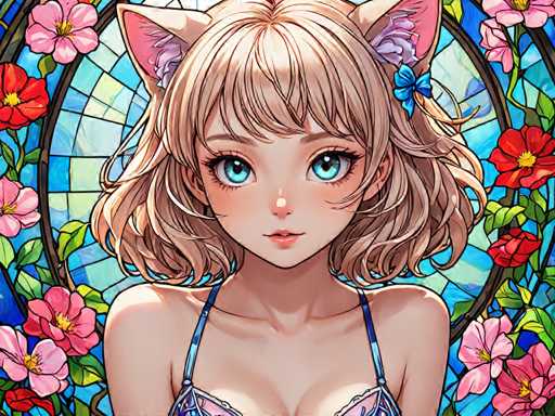 The image depicts a young girl with blonde hair and blue eyes wearing a blue bikini top and a pink bow on her head. She is looking directly at the camera with an expression of curiosity or interest. The background features a stained glass window filled with flowers in shades of pink and red, creating a vibrant and colorful scene that complements the girl's attire.
