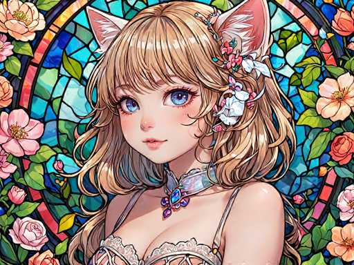 The image depicts a young girl with blonde hair and blue eyes wearing a white dress adorned with pink flowers. She is looking directly at the camera with an expression of curiosity or interest. The background features a stained glass window filled with vibrant colors and floral patterns in shades of orange, pink, and purple.