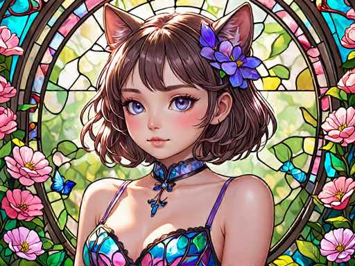 The image depicts a woman with brown hair and blue eyes wearing a purple braided top adorned with a flower on her head. She is standing against a backdrop of pink flowers and green leaves, suggesting an outdoor setting or garden. The woman's gaze is directed towards the viewer, creating a sense of connection between them.