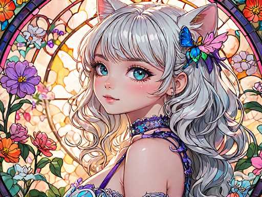 The image depicts a young girl with long blonde hair and blue eyes wearing a purple dress adorned with flowers. She is looking directly at the camera with an expression of curiosity or interest. The background features a stained glass window filled with colorful flowers, creating a vibrant and whimsical atmosphere.