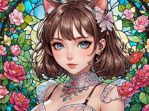 The image depicts a woman with brown hair and blue eyes wearing a white lace dress adorned with a red gemstone necklace and earrings. The background features a vibrant garden scene filled with pink flowers and green leaves.