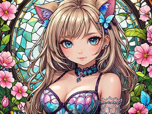 The image depicts a young girl with long blonde hair and blue eyes wearing a purple braided dress adorned with a necklace and earrings. The background features a floral design with pink flowers and green leaves, creating an impression of a garden or natural setting.