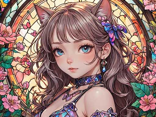 The image depicts a young girl with long brown hair and blue eyes wearing a purple dress adorned with flowers. She is looking directly at the camera with an air of confidence. The background features a stained glass window filled with pink and white flowers, creating a vibrant and colorful atmosphere around her.