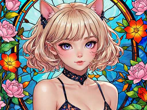 The image depicts a woman with blonde hair and blue eyes wearing a black braided necklace. She is standing against a backdrop of a stained glass window filled with pink flowers and green leaves. The colors in the scene are predominantly pink, blue, and green.