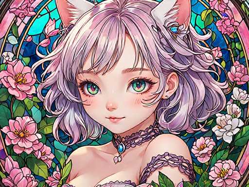 The image depicts a young girl with long hair and pink eyes wearing a purple dress adorned with flowers. She is looking directly at the camera, her gaze meeting the viewer's eye. The background features a floral design in shades of blue and green, adding to the overall aesthetic appeal of the scene.
