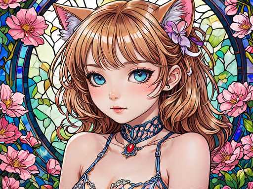 The image depicts a woman with long brown hair and blue eyes wearing a necklace and earrings. She is standing against a backdrop of pink flowers and a stained glass window. The colors used in the illustration are predominantly pink, blue, and green, creating a harmonious color palette that complements each other well.