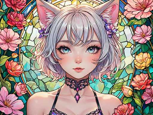 The image depicts a young girl with long hair and a white face wearing a black braided top adorned with a purple necklace and earrings. The background features a stained glass window filled with pink flowers and green leaves, creating an ethereal atmosphere around the girl's figure.